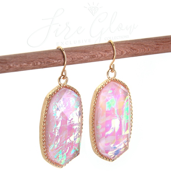 Gold Tone Framed Iridescent Lavender Opal Earrings - Picture 6 of 8